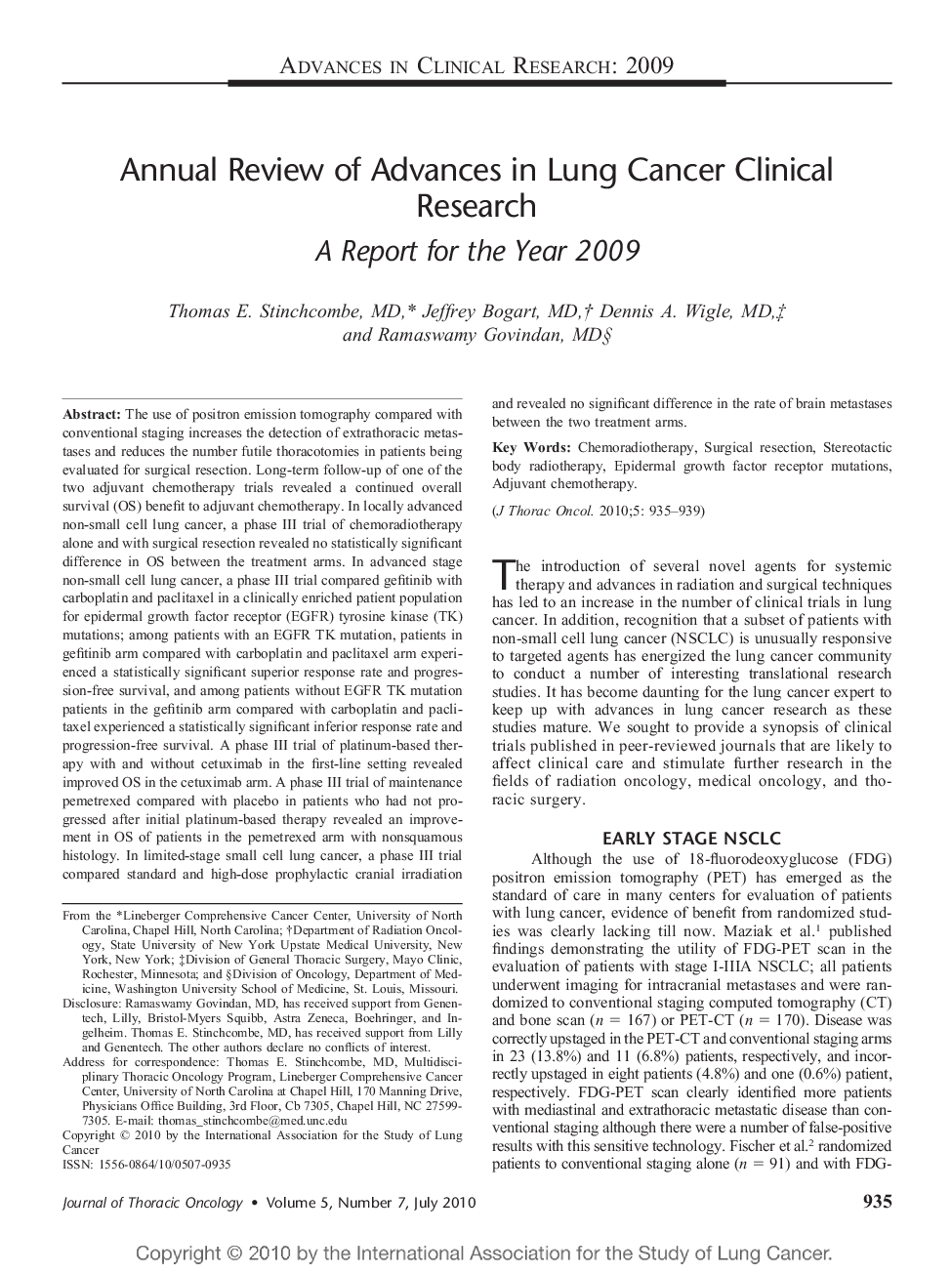 Annual Review of Advances in Lung Cancer Clinical Research: A Report for the Year 2009 