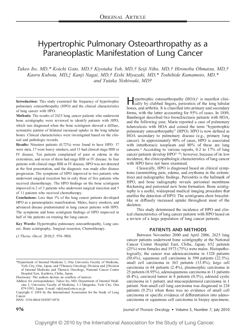 Hypertrophic Pulmonary Osteoarthropathy as a Paraneoplastic Manifestation of Lung Cancer 