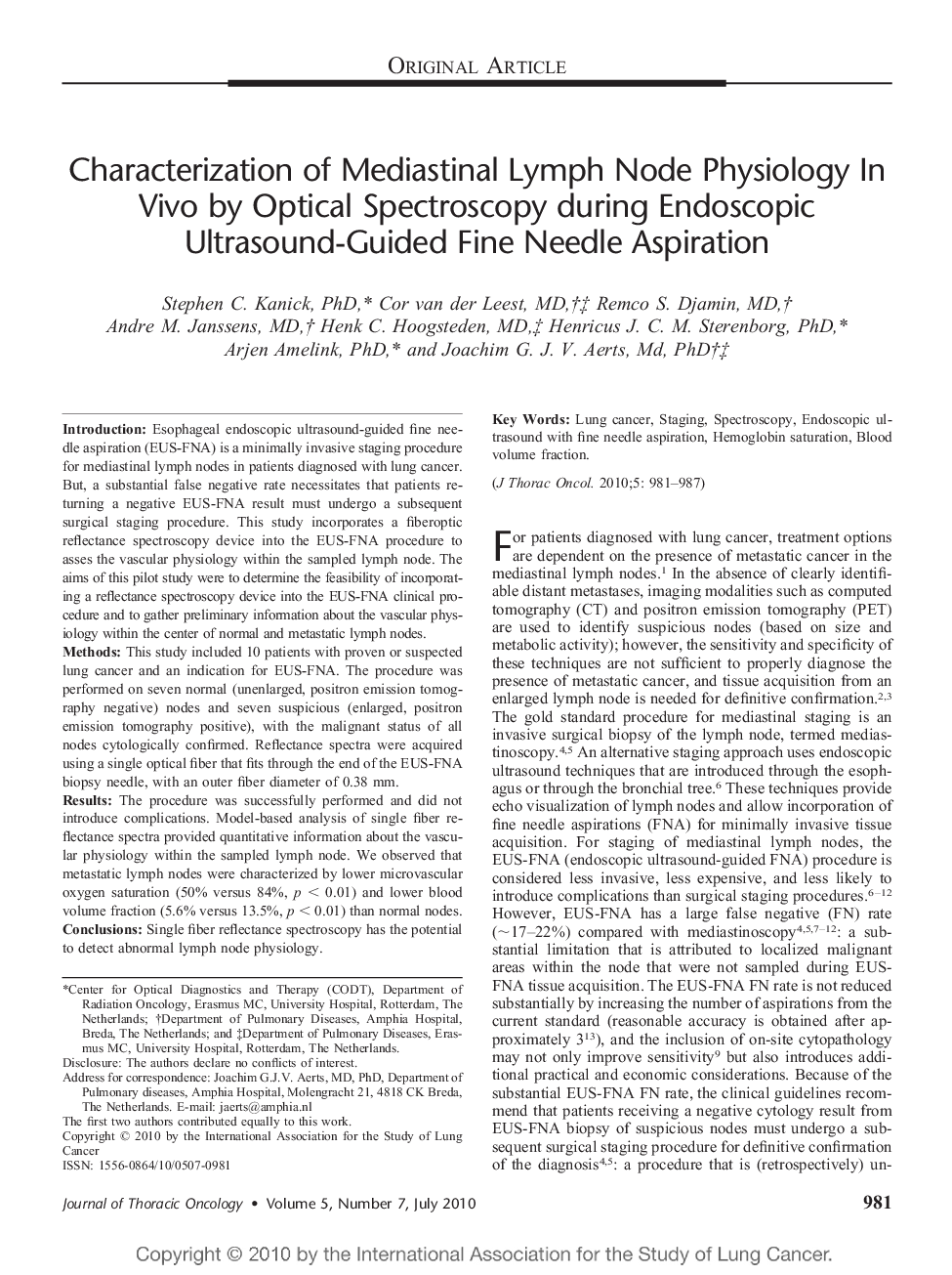 Characterization of Mediastinal Lymph Node Physiology In Vivo by Optical Spectroscopy during Endoscopic Ultrasound-Guided Fine Needle Aspiration 