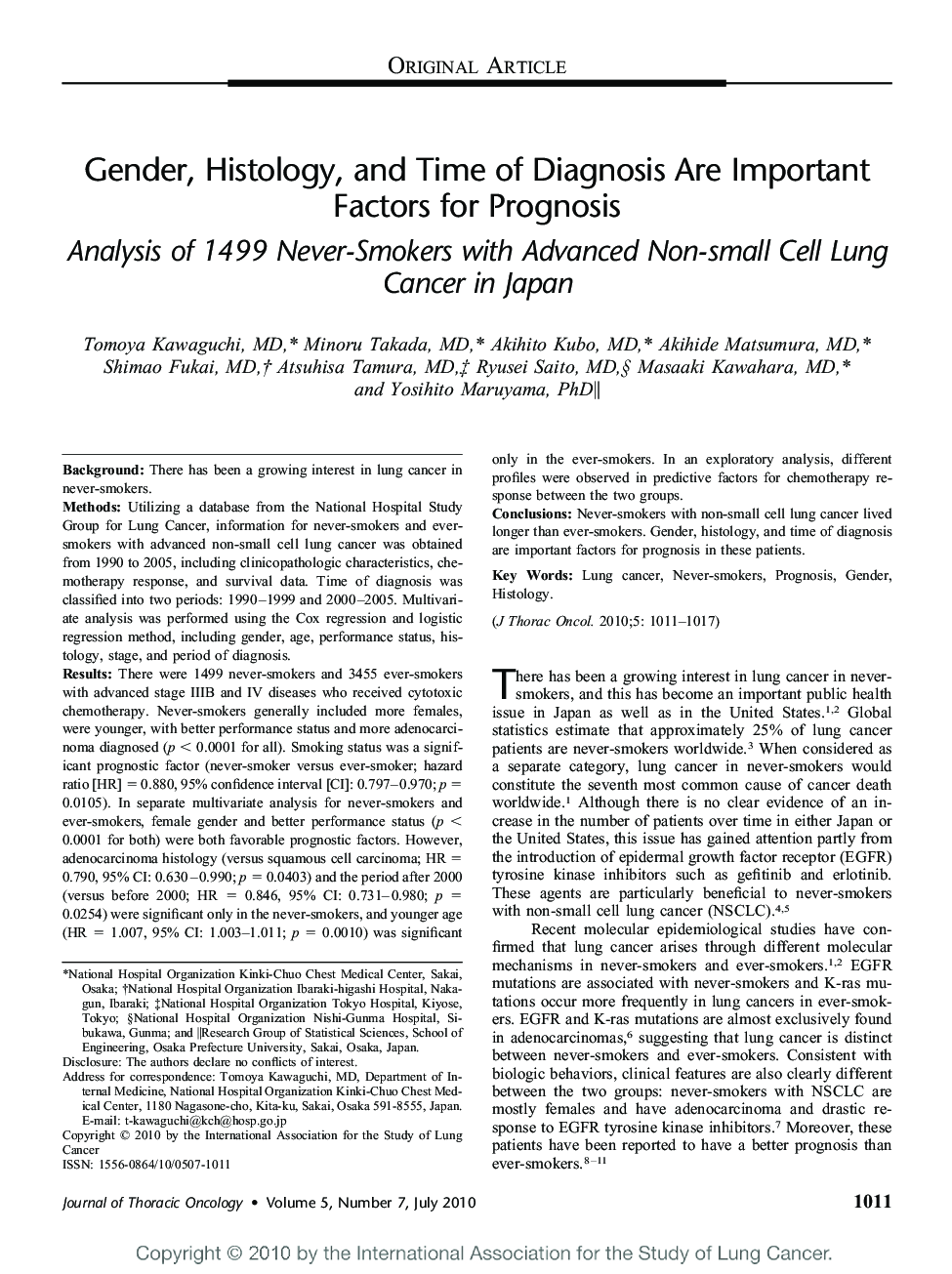 Gender, Histology, and Time of Diagnosis Are Important Factors for Prognosis: Analysis of 1499 Never-Smokers with Advanced Non-small Cell Lung Cancer in Japan 