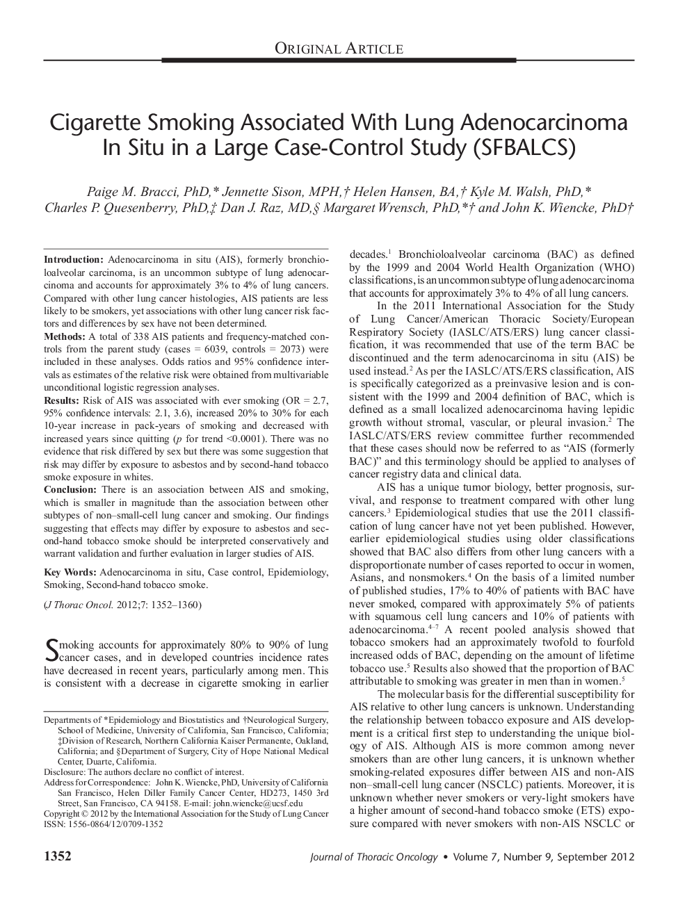 Cigarette Smoking Associated With Lung Adenocarcinoma In Situ in a Large Case-Control Study (SFBALCS) 