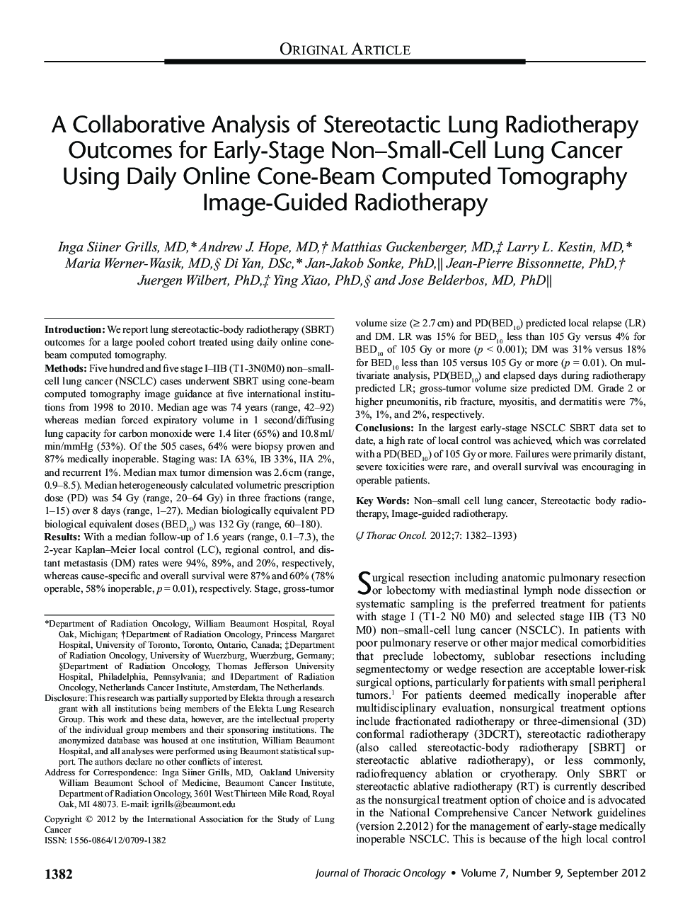 A Collaborative Analysis of Stereotactic Lung Radiotherapy Outcomes for Early-Stage Non–Small-Cell Lung Cancer Using Daily Online Cone-Beam Computed Tomography Image-Guided Radiotherapy 