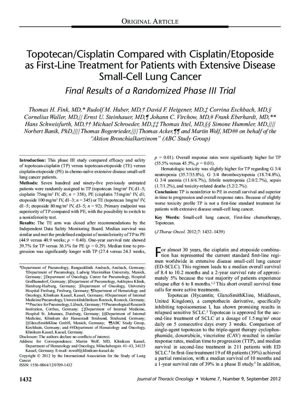 Topotecan/Cisplatin Compared with Cisplatin/Etoposide as First-Line Treatment for Patients with Extensive Disease Small-Cell Lung Cancer: Final Results of a Randomized Phase III Trial 