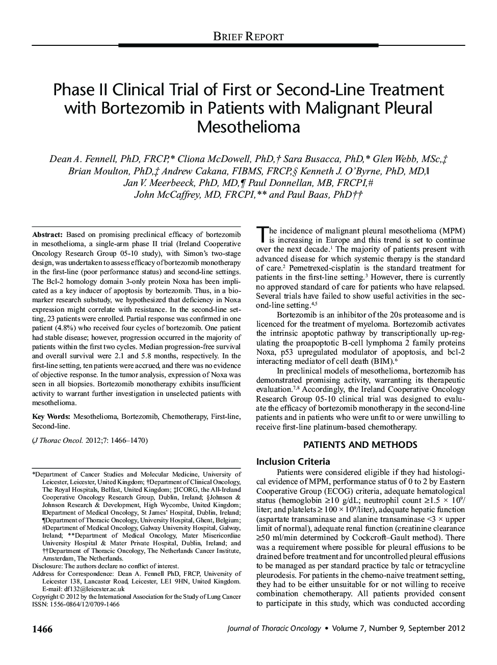 Phase II Clinical Trial of First or Second-Line Treatment with Bortezomib in Patients with Malignant Pleural Mesothelioma 