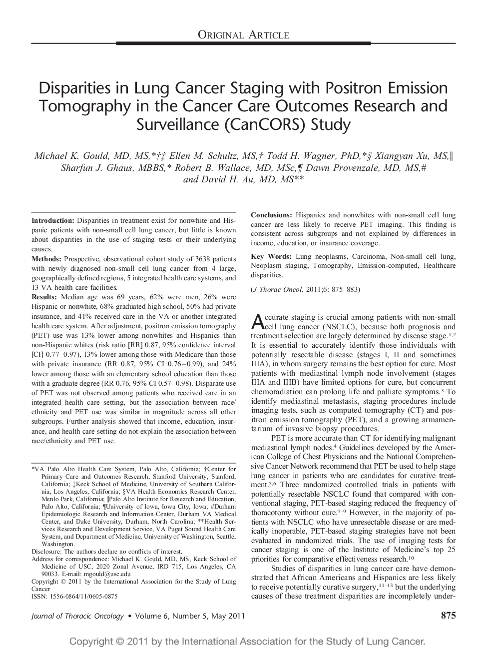 Disparities in Lung Cancer Staging with Positron Emission Tomography in the Cancer Care Outcomes Research and Surveillance (CanCORS) Study 