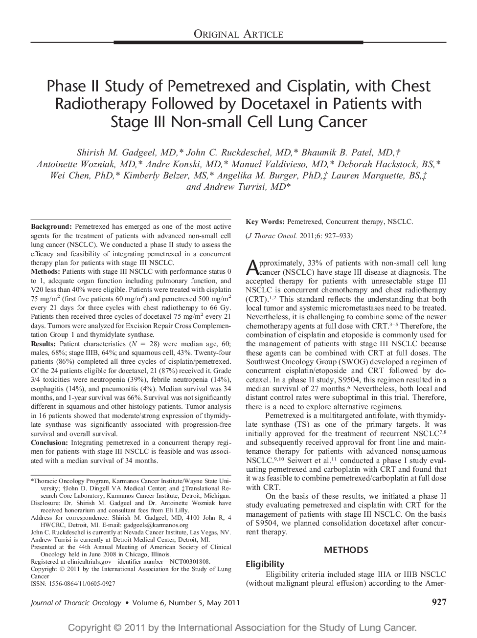 Phase II Study of Pemetrexed and Cisplatin, with Chest Radiotherapy Followed by Docetaxel in Patients with Stage III Non-small Cell Lung Cancer 