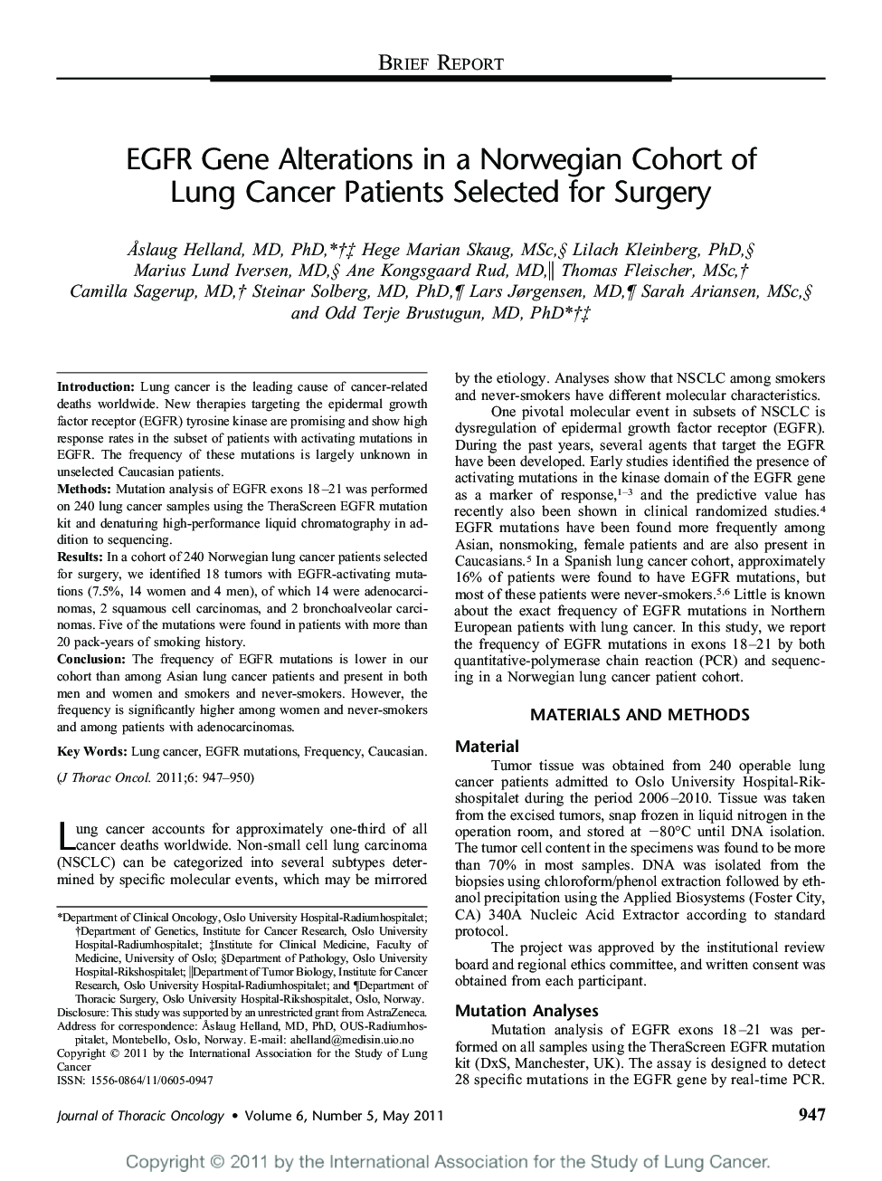 EGFR Gene Alterations in a Norwegian Cohort of Lung Cancer Patients Selected for Surgery 