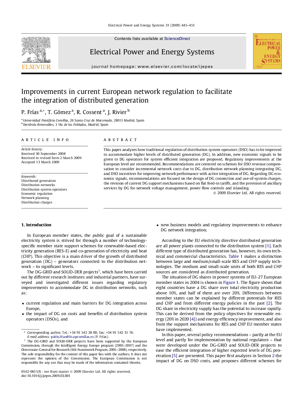 عکس صفحه اول مقاله: Improvements in current European network regulation to facilitate the integration of distributed generation Improvements in current European network regulation to facilitate the integration of distributed generation