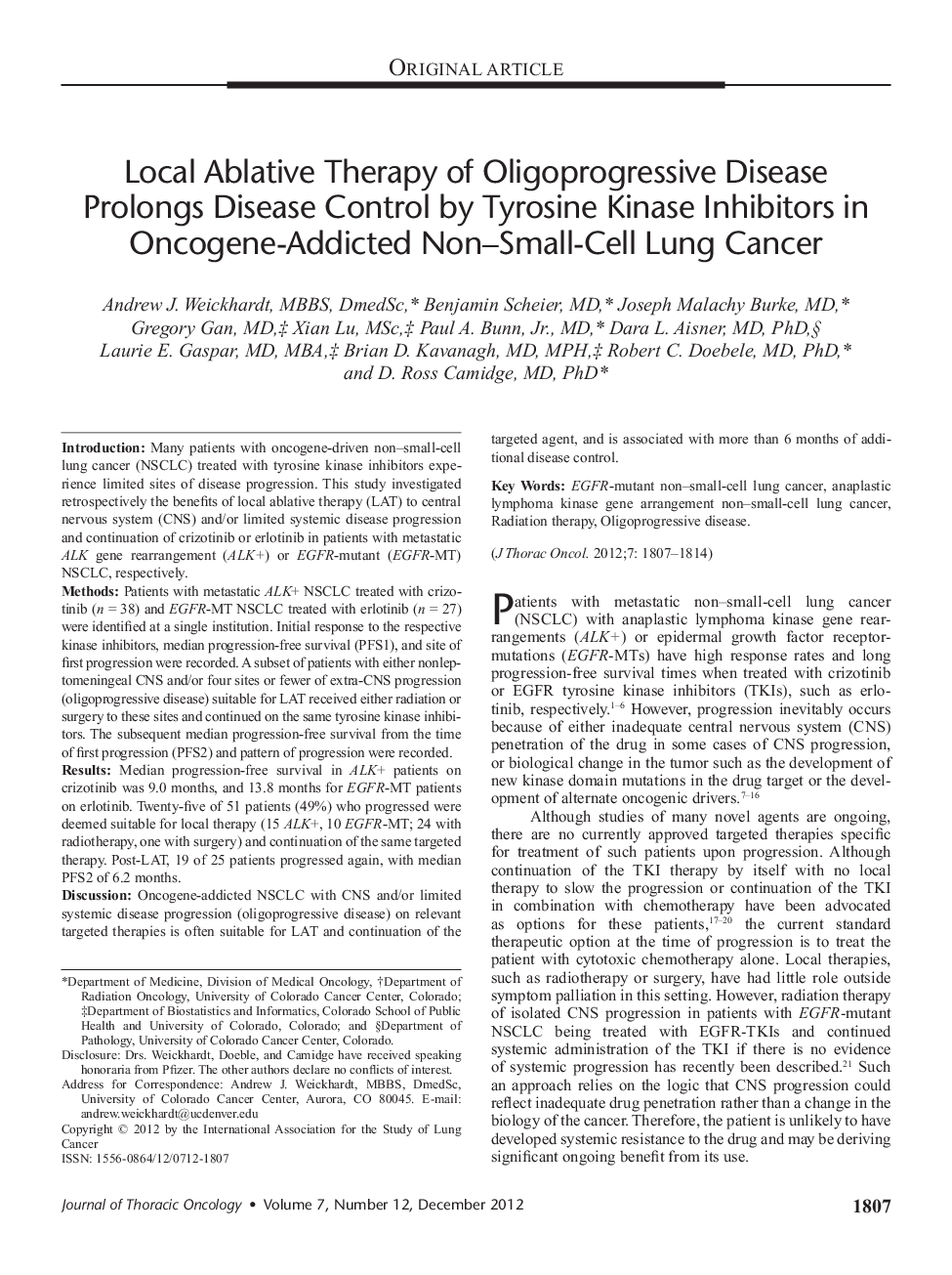 Local Ablative Therapy of Oligoprogressive Disease Prolongs Disease Control by Tyrosine Kinase Inhibitors in Oncogene-Addicted Non–Small-Cell Lung Cancer 
