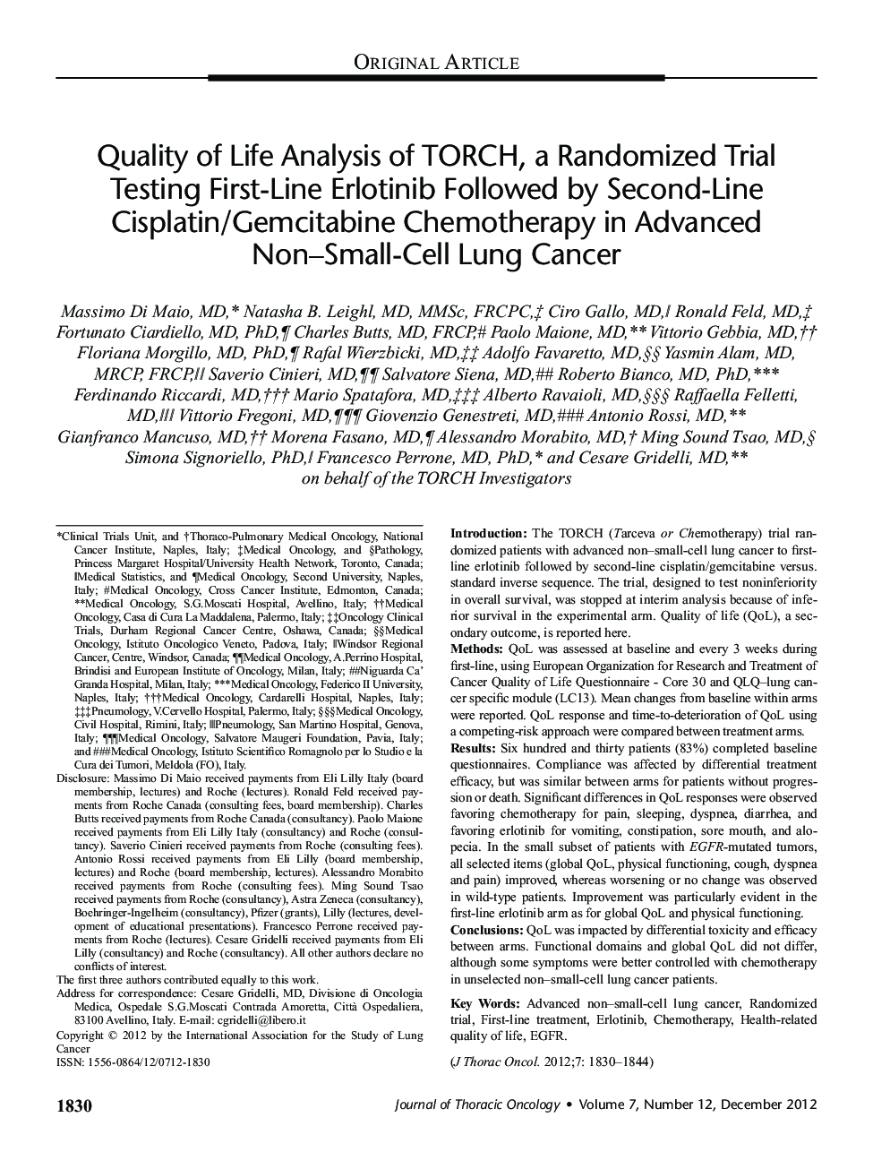 Quality of Life Analysis of TORCH, a Randomized Trial Testing First-Line Erlotinib Followed by Second-Line Cisplatin/Gemcitabine Chemotherapy in Advanced Non–Small-Cell Lung Cancer 