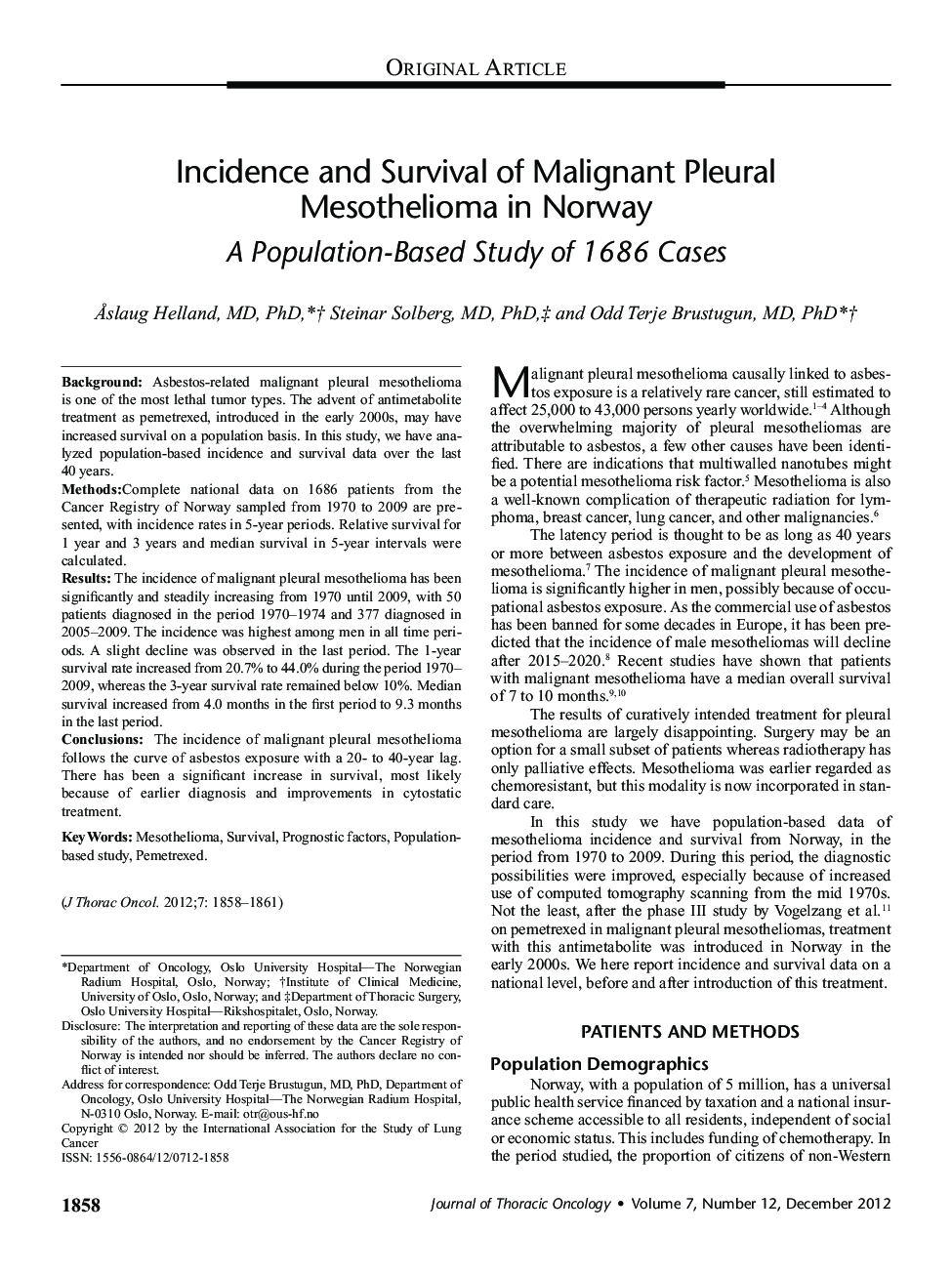 Incidence and Survival of Malignant Pleural Mesothelioma in Norway: A Population-Based Study of 1686 Cases 