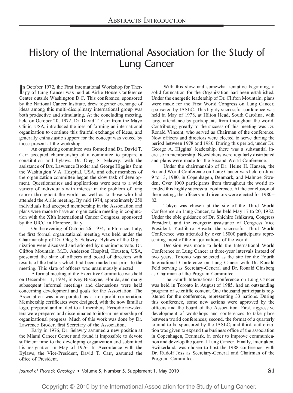 History of the International Association for the Study of Lung Cancer