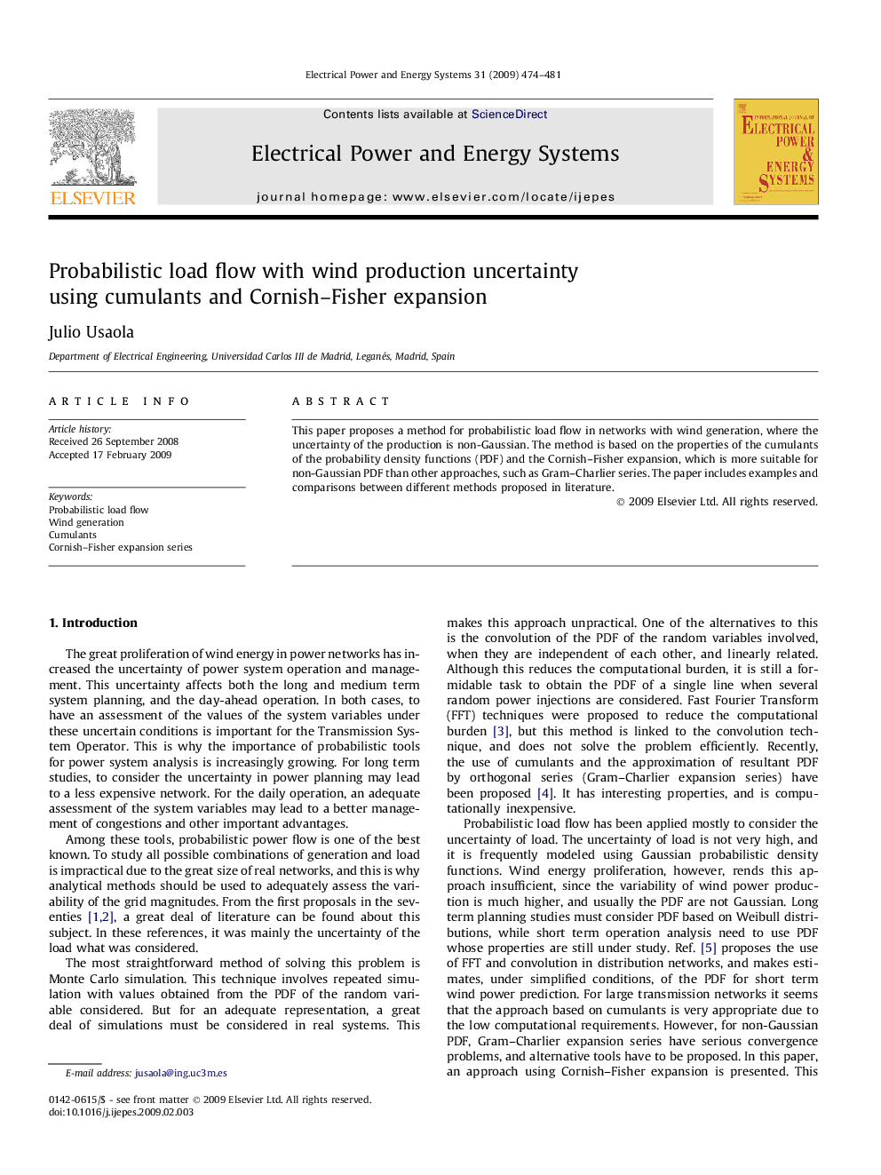 Probabilistic load flow with wind production uncertainty using cumulants and Cornish–Fisher expansion