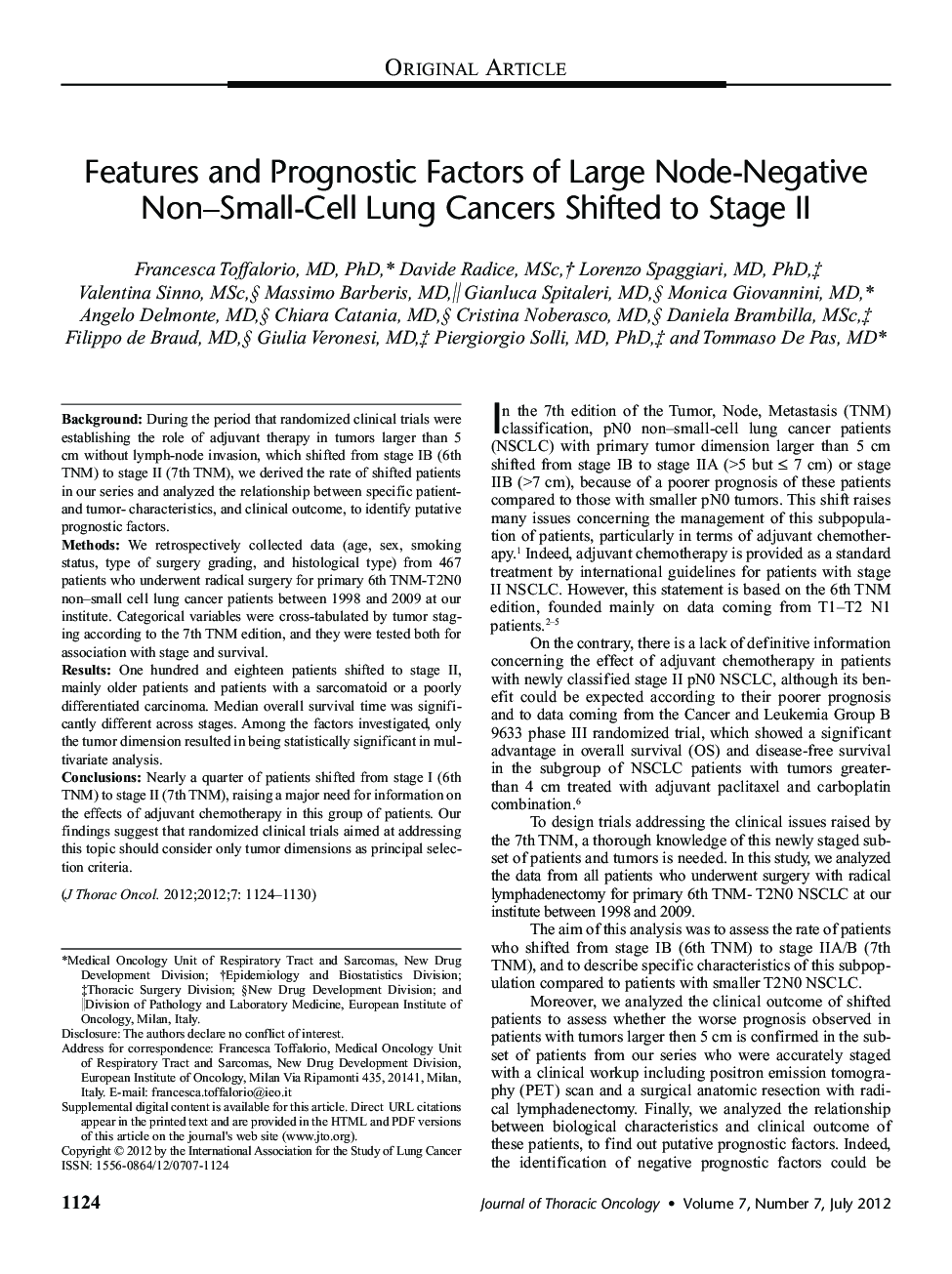 Features and Prognostic Factors of Large Node-Negative Non–Small-Cell Lung Cancers Shifted to Stage II 