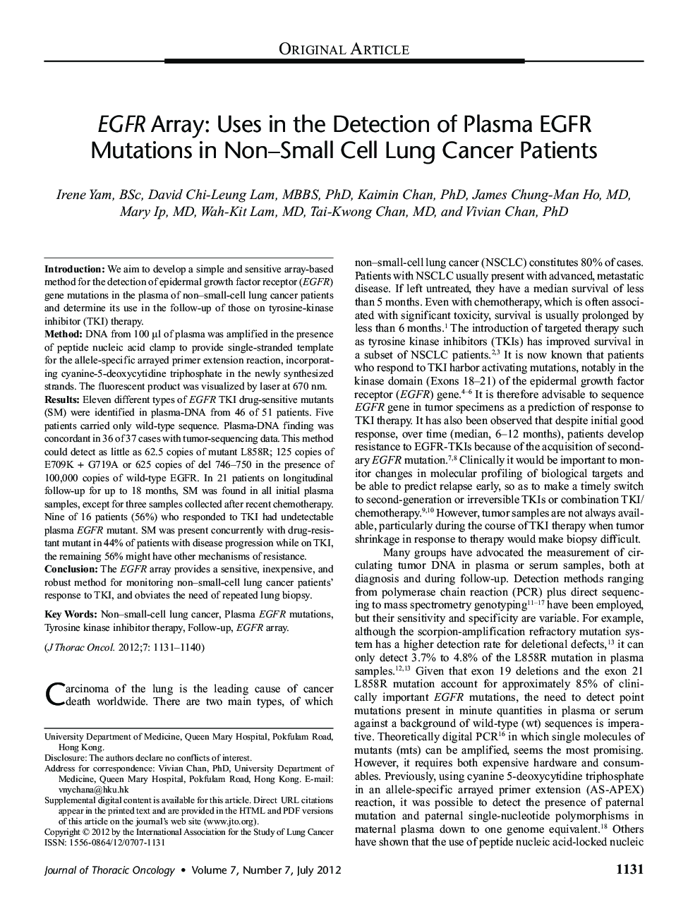 عکس صفحه اول مقاله: EGFR Array: Uses in the Detection of Plasma EGFR Mutations in Non–Small Cell Lung Cancer Patients EGFR Array: Uses in the Detection of Plasma EGFR Mutations in Non–Small Cell Lung Cancer Patients