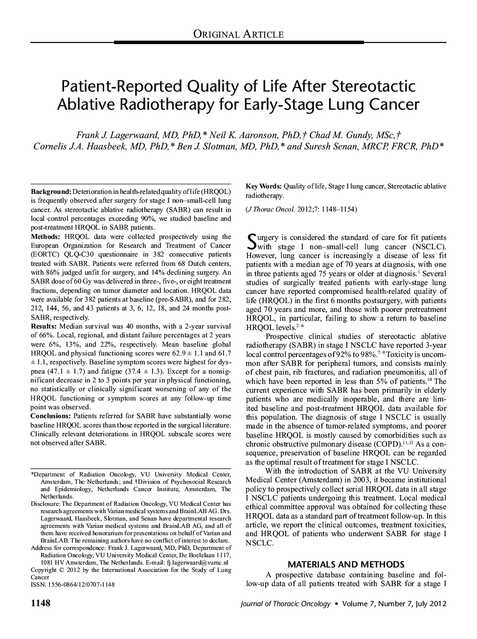 Patient-Reported Quality of Life After Stereotactic Ablative Radiotherapy for Early-Stage Lung Cancer 