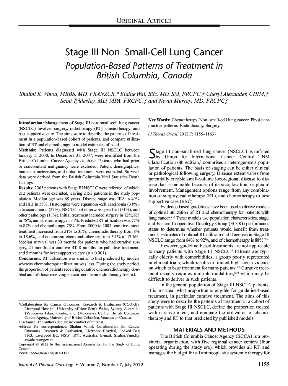 Stage III Non–Small-Cell Lung Cancer: Population-Based Patterns of Treatment in British Columbia, Canada 