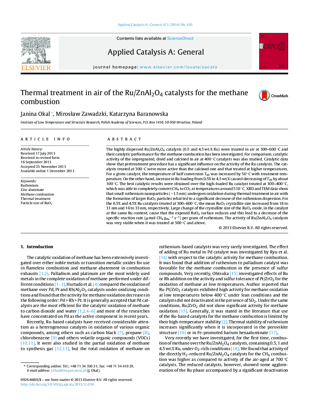 Thermal treatment in air of the Ru/ZnAl2O4 catalysts for the methane combustion