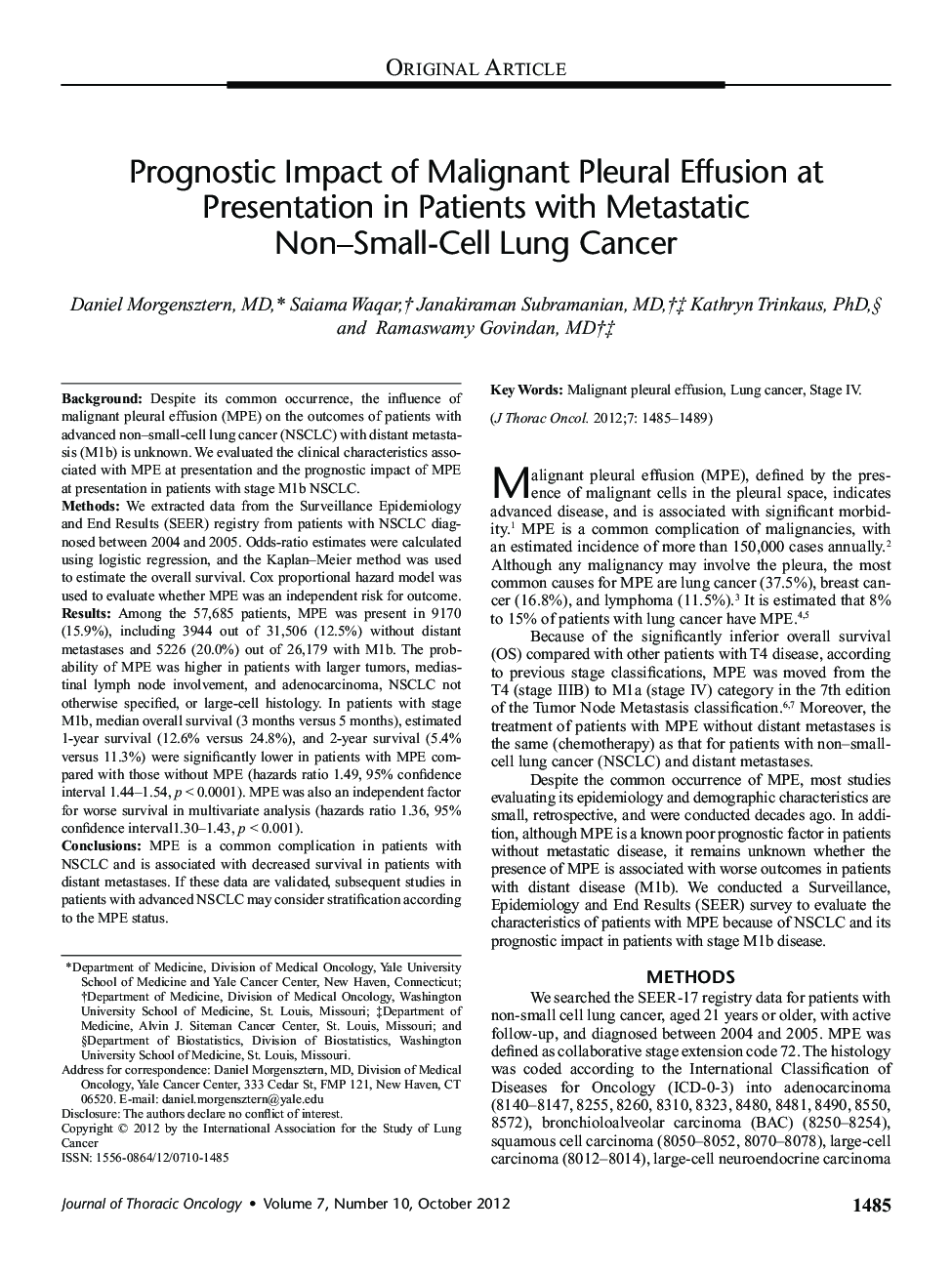 Prognostic Impact of Malignant Pleural Effusion at Presentation in Patients with Metastatic Non–Small-Cell Lung Cancer 