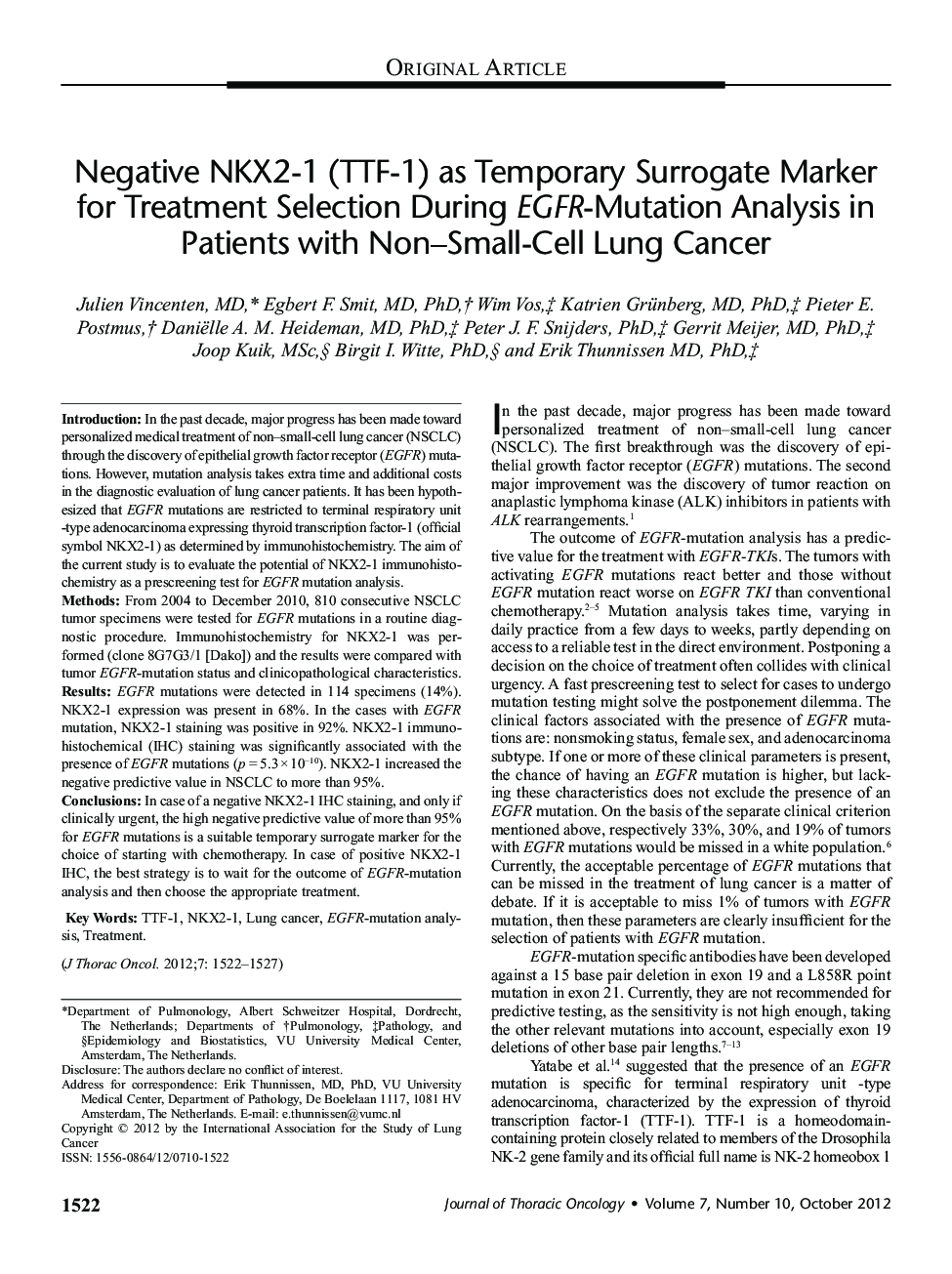 Negative NKX2-1 (TTF-1) as Temporary Surrogate Marker for Treatment Selection During EGFR-Mutation Analysis in Patients with Non–Small-Cell Lung Cancer 