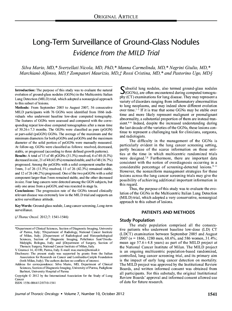 Long-Term Surveillance of Ground-Glass Nodules: Evidence from the MILD Trial 