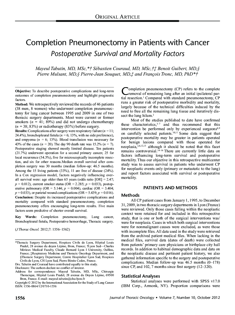 Completion Pneumonectomy in Patients with Cancer: Postoperative Survival and Mortality Factors 