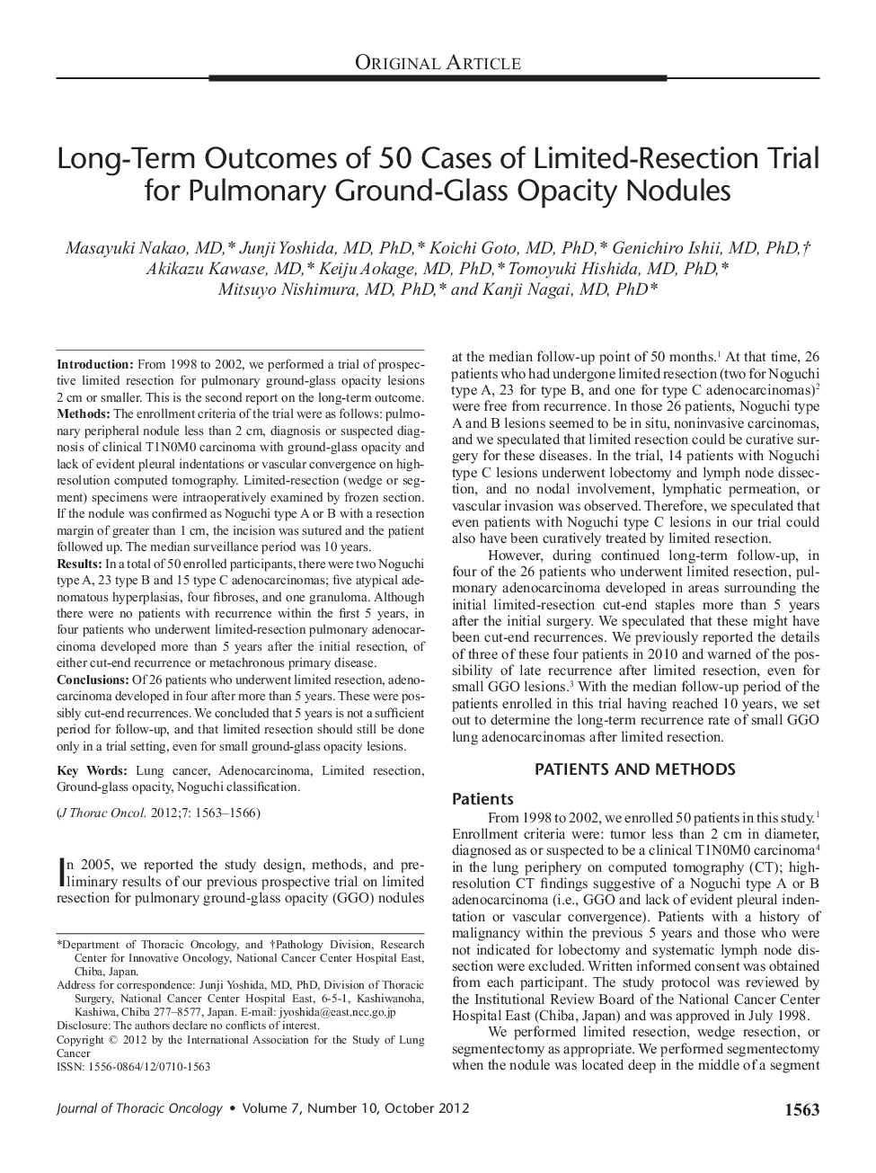 Long-Term Outcomes of 50 Cases of Limited-Resection Trial for Pulmonary Ground-Glass Opacity Nodules 