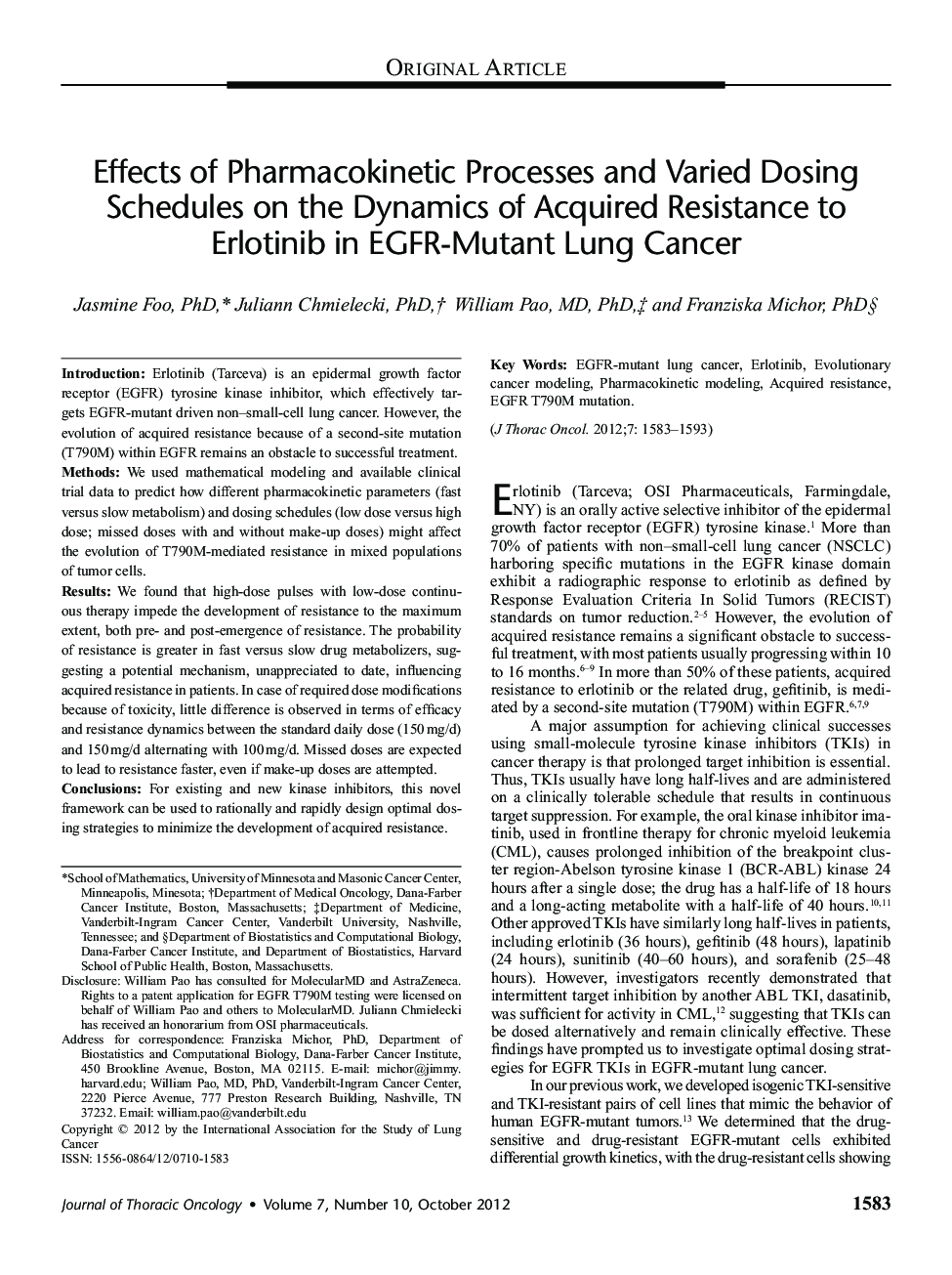 Effects of Pharmacokinetic Processes and Varied Dosing Schedules on the Dynamics of Acquired Resistance to Erlotinib in EGFR-Mutant Lung Cancer 