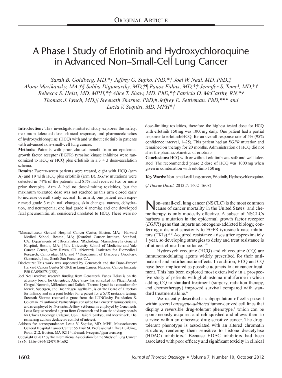 A Phase I Study of Erlotinib and Hydroxychloroquine in Advanced Non–Small-Cell Lung Cancer 