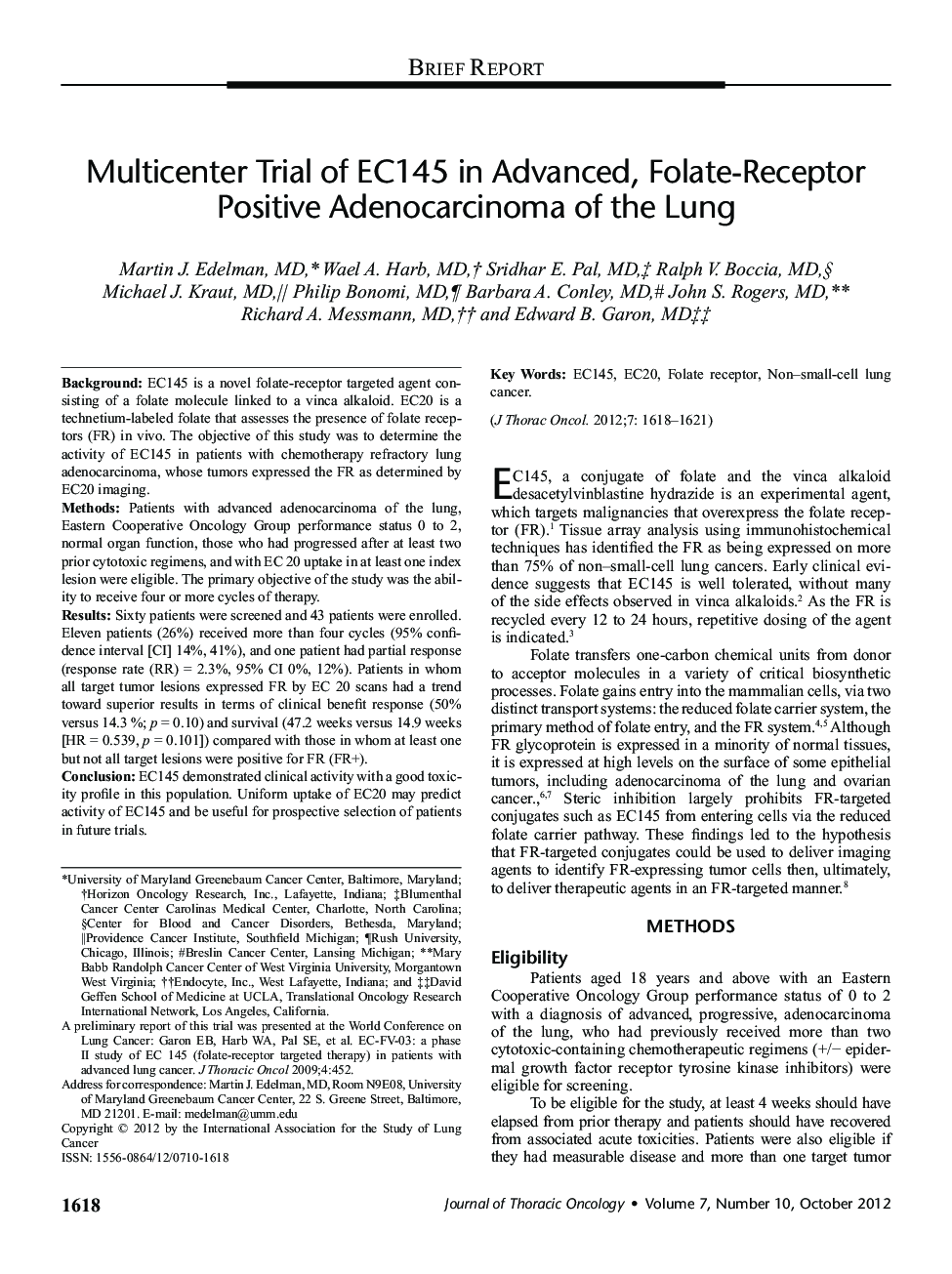 Multicenter Trial of EC145 in Advanced, Folate-Receptor Positive Adenocarcinoma of the Lung 