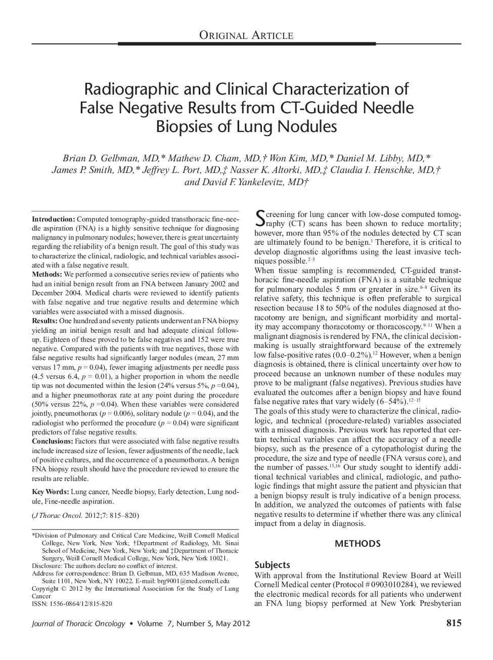 Radiographic and Clinical Characterization of False Negative Results from CT-Guided Needle Biopsies of Lung Nodules 