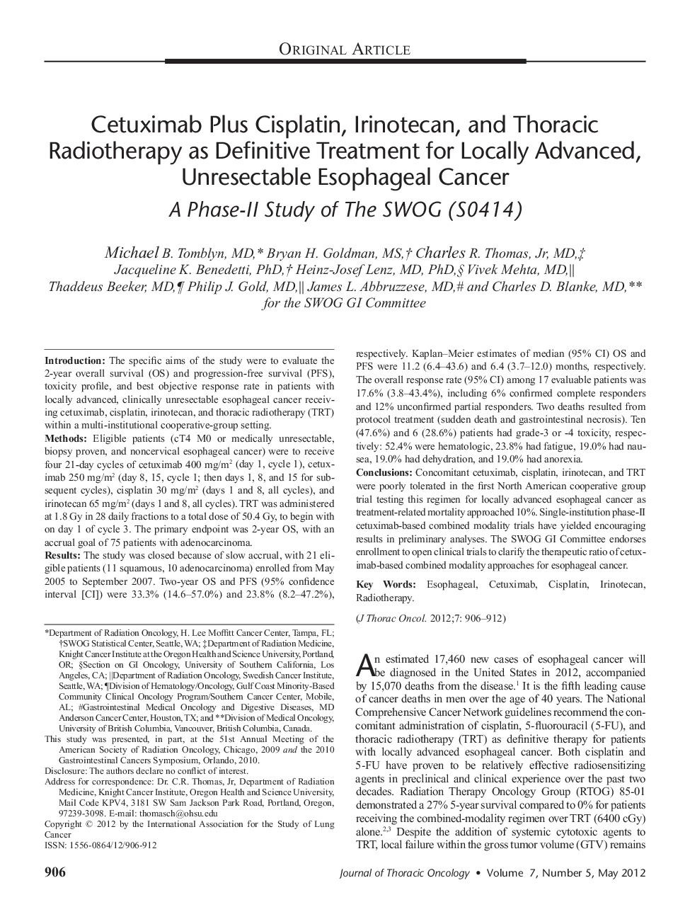 Cetuximab Plus Cisplatin, Irinotecan, and Thoracic Radiotherapy as Definitive Treatment for Locally Advanced, Unresectable Esophageal Cancer: A Phase-II Study of The SWOG (S0414) 