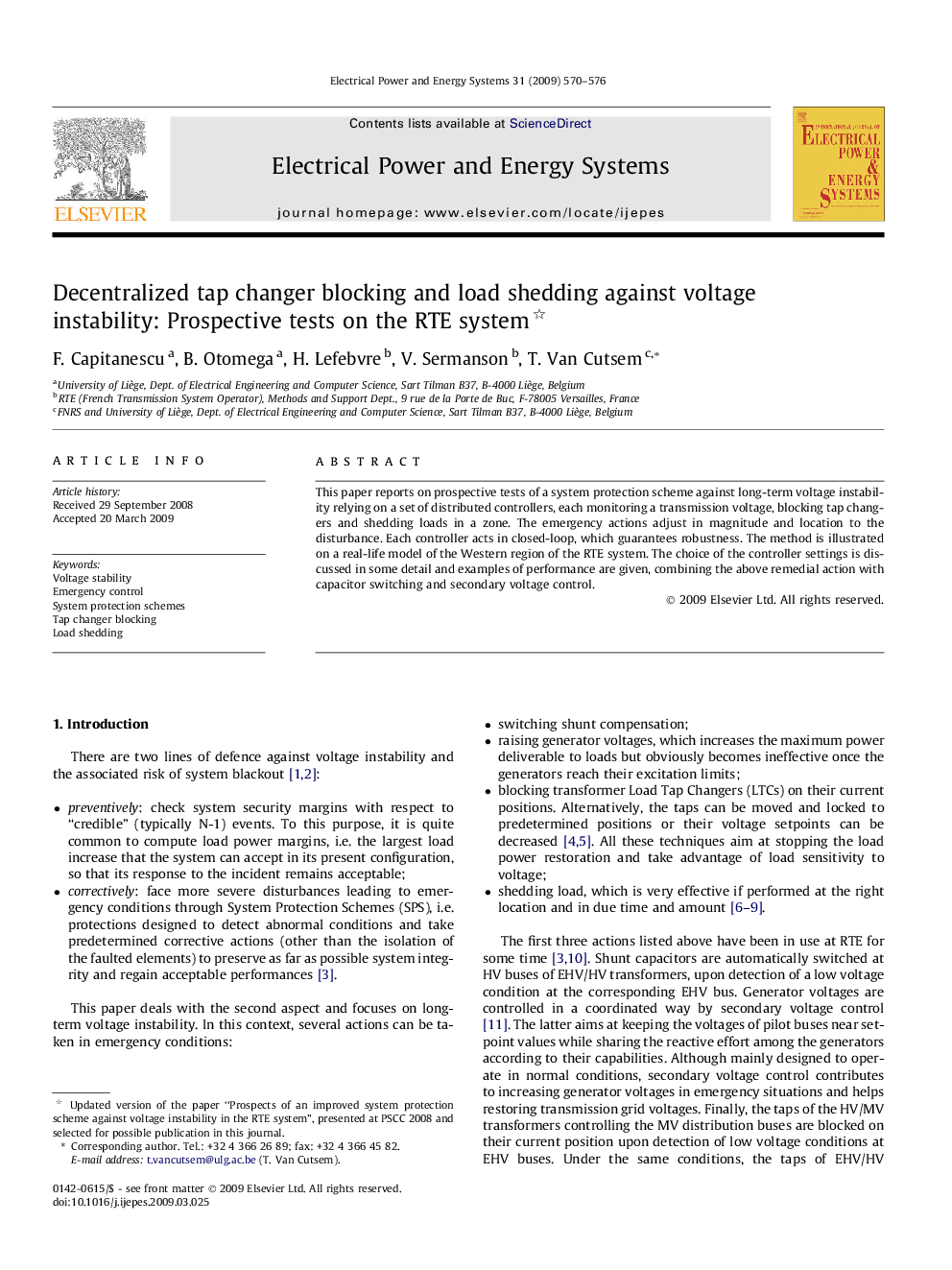 Decentralized tap changer blocking and load shedding against voltage instability: Prospective tests on the RTE system 