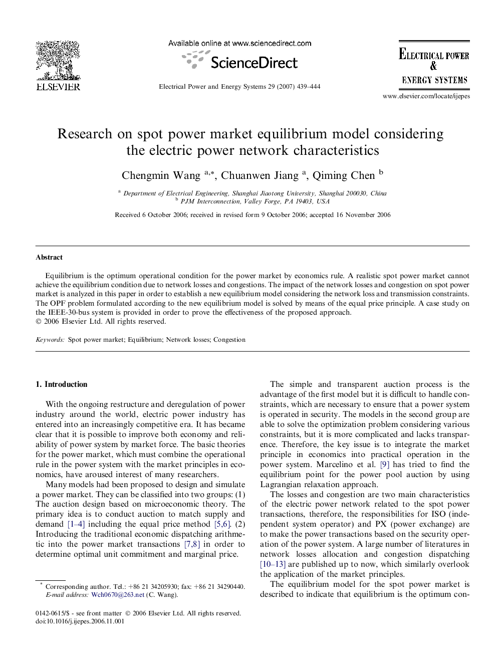 Research on spot power market equilibrium model considering the electric power network characteristics