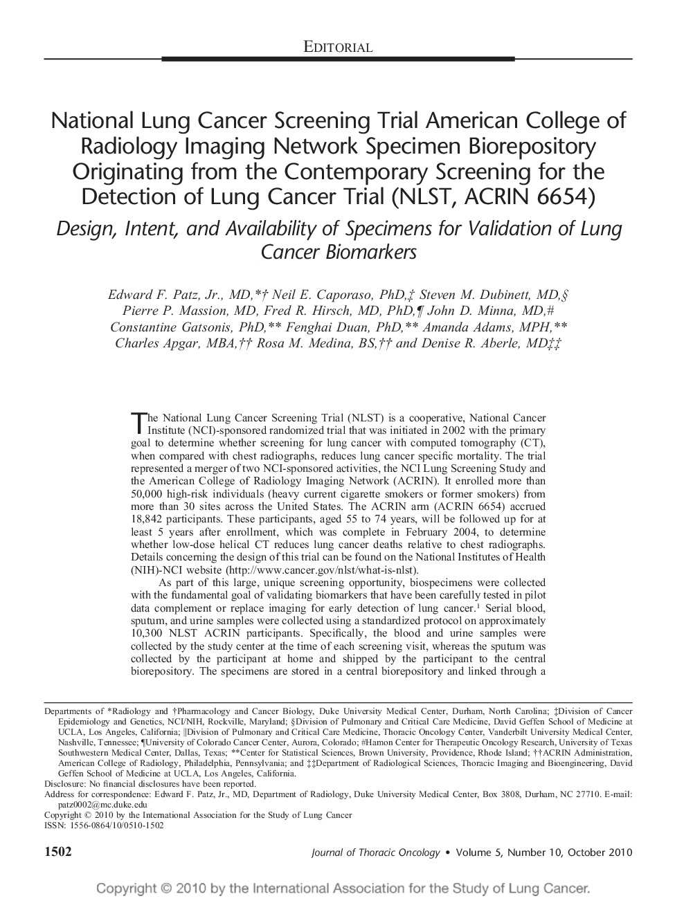 National Lung Cancer Screening Trial American College of Radiology Imaging Network Specimen Biorepository Originating from the Contemporary Screening for the Detection of Lung Cancer Trial (NLST, ACRIN 6654): Design, Intent, and Availability of Specimens 