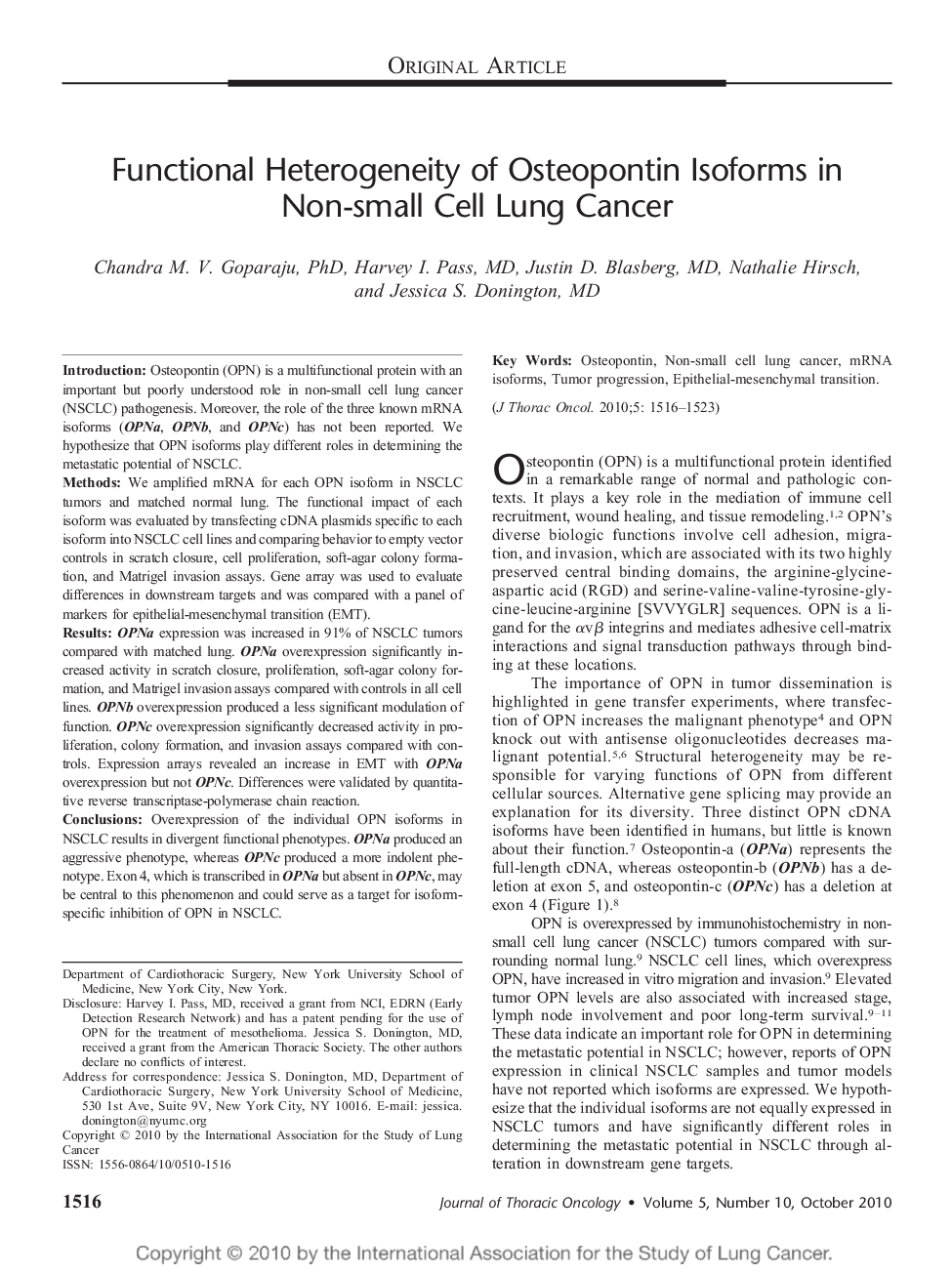 Functional Heterogeneity of Osteopontin Isoforms in Non-small Cell Lung Cancer 