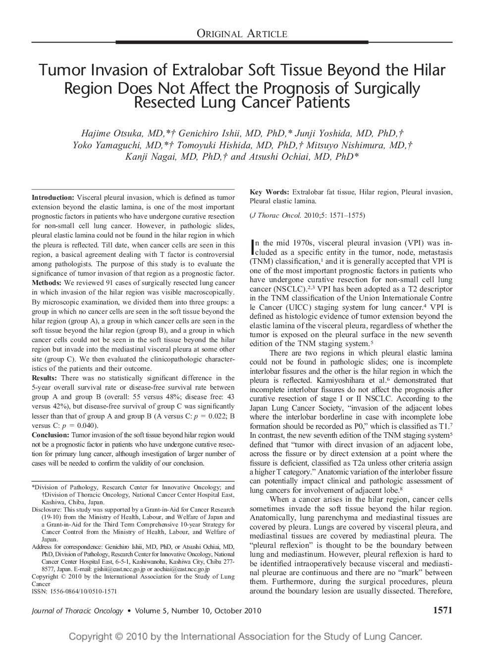 Tumor Invasion of Extralobar Soft Tissue Beyond the Hilar Region Does Not Affect the Prognosis of Surgically Resected Lung Cancer Patients 