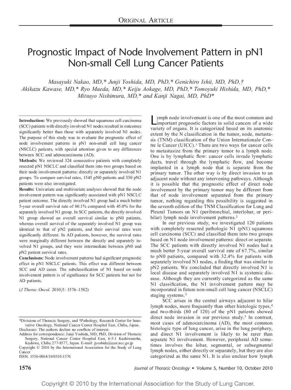 Prognostic Impact of Node Involvement Pattern in pN1 Non-small Cell Lung Cancer Patients 