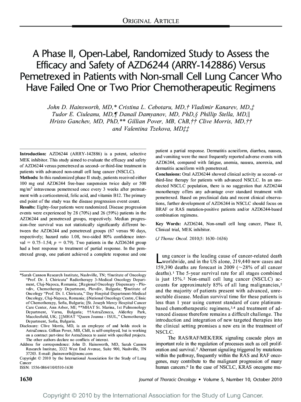 A Phase II, Open-Label, Randomized Study to Assess the Efficacy and Safety of AZD6244 (ARRY-142886) Versus Pemetrexed in Patients with Non-small Cell Lung Cancer Who Have Failed One or Two Prior Chemotherapeutic Regimens 