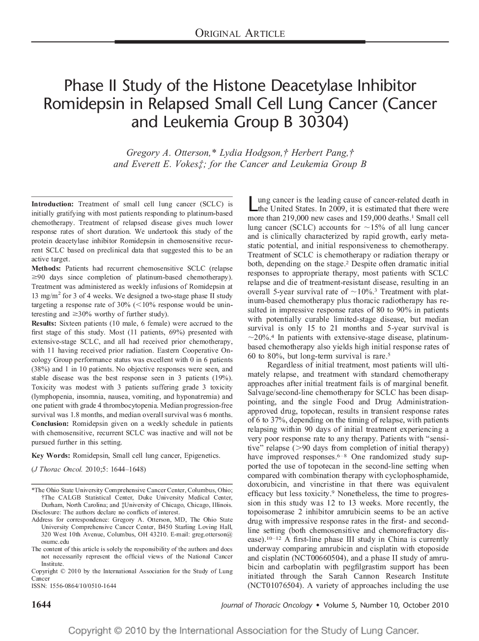 Phase II Study of the Histone Deacetylase Inhibitor Romidepsin in Relapsed Small Cell Lung Cancer (Cancer and Leukemia Group B 30304) 