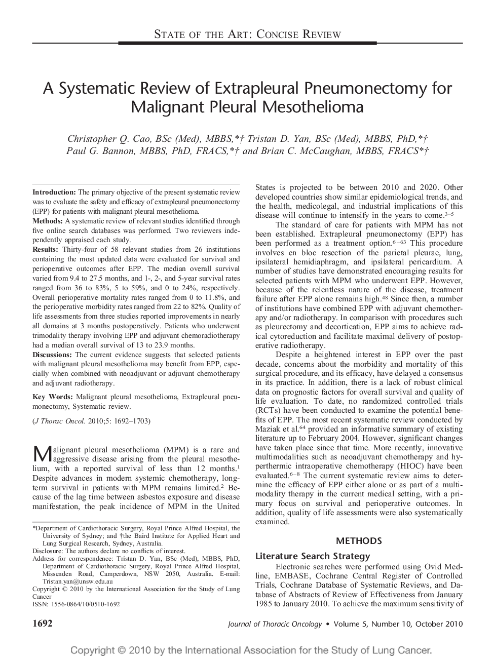 A Systematic Review of Extrapleural Pneumonectomy for Malignant Pleural Mesothelioma 