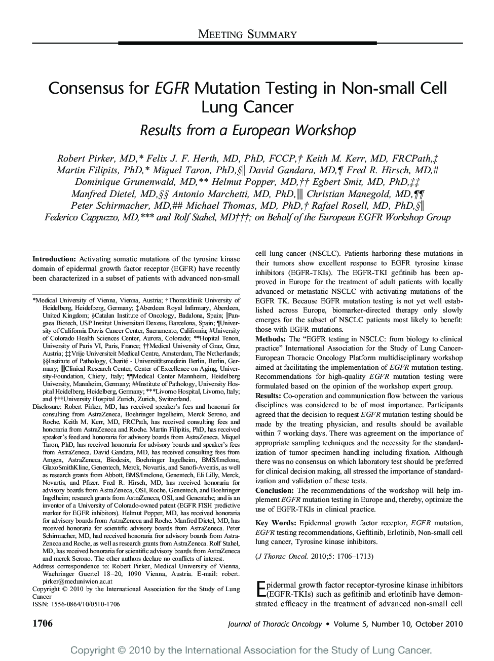 Consensus for EGFR Mutation Testing in Non-small Cell Lung Cancer: Results from a European Workshop 