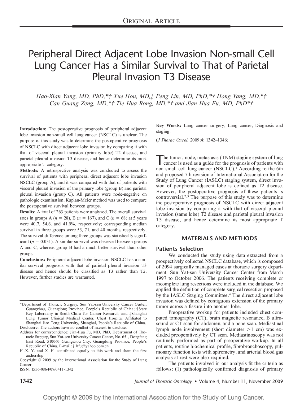 Peripheral Direct Adjacent Lobe Invasion Non-small Cell Lung Cancer Has a Similar Survival to That of Parietal Pleural Invasion T3 Disease 