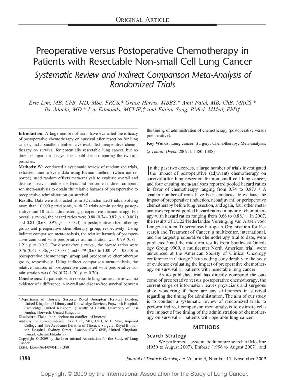Preoperative versus Postoperative Chemotherapy in Patients with Resectable Non-small Cell Lung Cancer: Systematic Review and Indirect Comparison Meta-Analysis of Randomized Trials 