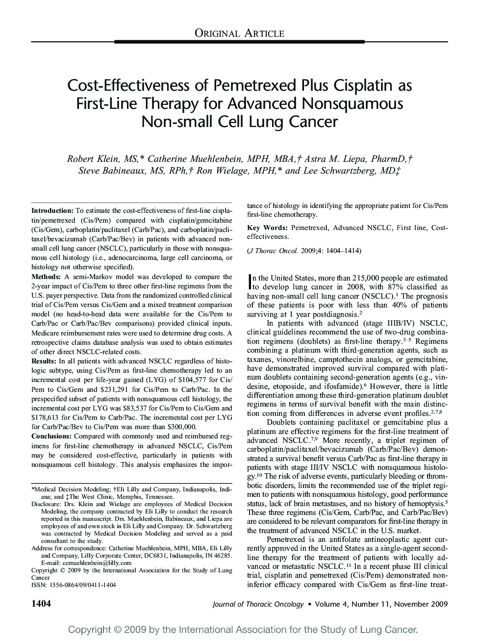 Cost-Effectiveness of Pemetrexed Plus Cisplatin as First-Line Therapy for Advanced Nonsquamous Non-small Cell Lung Cancer 