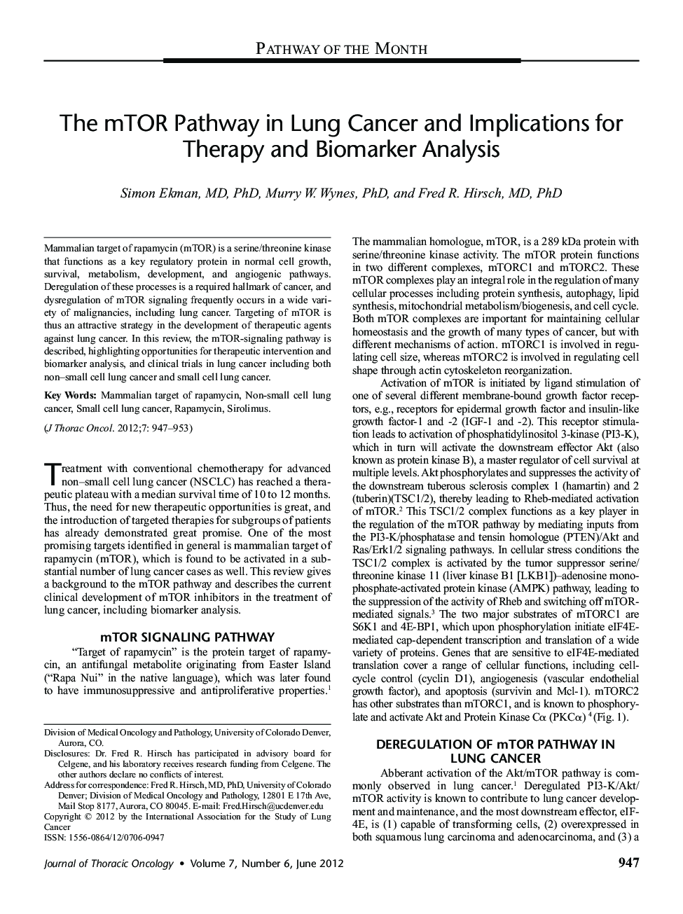 The mTOR Pathway in Lung Cancer and Implications for Therapy and Biomarker Analysis 