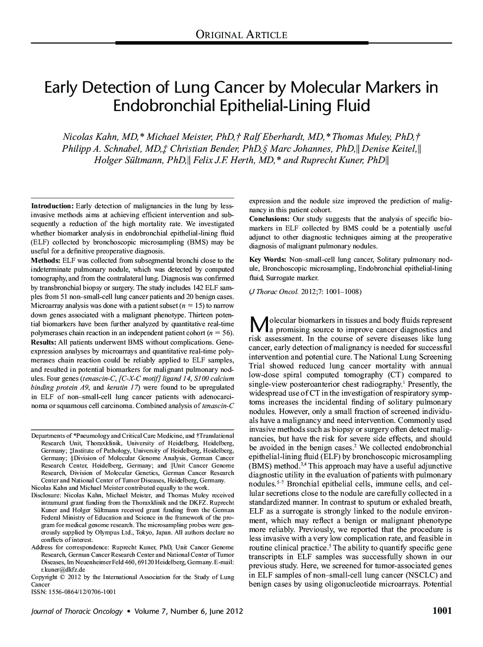 Early Detection of Lung Cancer by Molecular Markers in Endobronchial Epithelial-Lining Fluid 