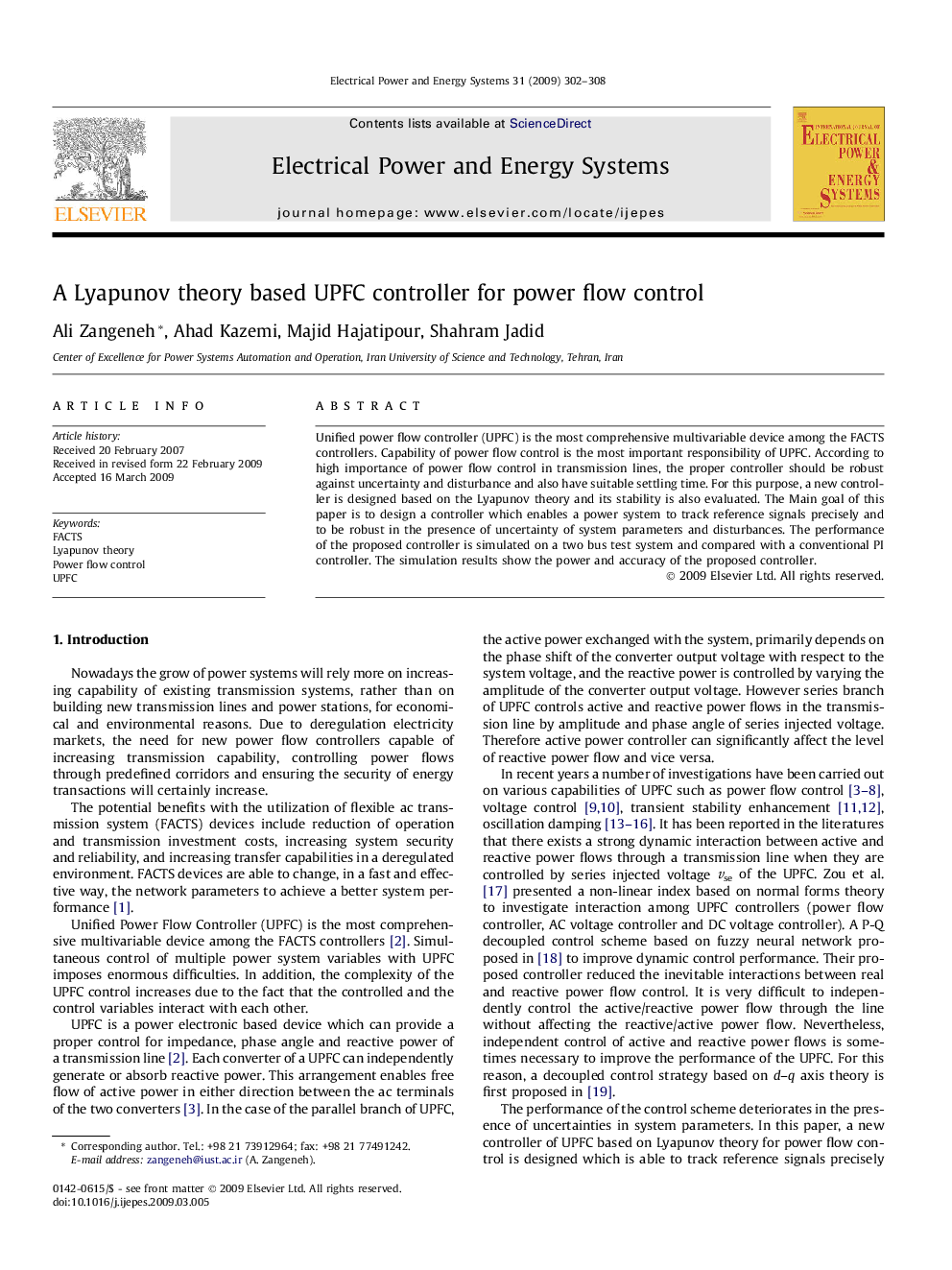 A Lyapunov theory based UPFC controller for power flow control