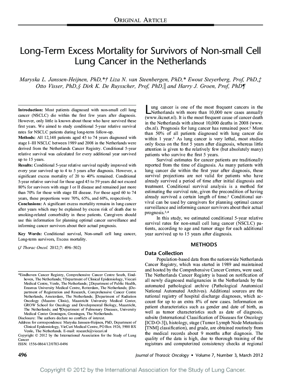 Long-Term Excess Mortality for Survivors of Non-small Cell Lung Cancer in the Netherlands