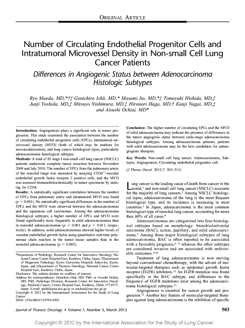 Number of Circulating Endothelial Progenitor Cells and Intratumoral Microvessel Density in Non-small Cell Lung Cancer Patients: Differences in Angiogenic Status between Adenocarcinoma Histologic Subtypes 